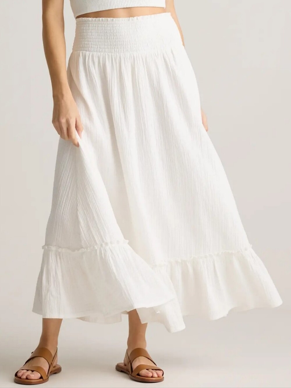Quince Women's 100% Organic Cotton Gauze Smocked Maxi Skirt, White, Large